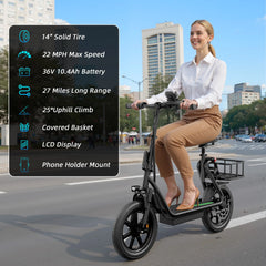 Adult 500W Electric Scooter with Seat - 48V 10.4Ah Battery, 22 Mph Top Speed, 21-27 Mi Range, Pet-Friendly Design, Rear Basket, Portable Folding Scooter for Grocery Shopping