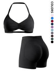 2-Piece Seamless Sports Bra Set with Pads, High-Waisted Peach Butt Running Yoga Shorts, Sleeveless Sporty Suit for Women, Activewear Workout Set, Seamless Gym Outfits, Fitness Yoga Set, Exercise Clothing Set