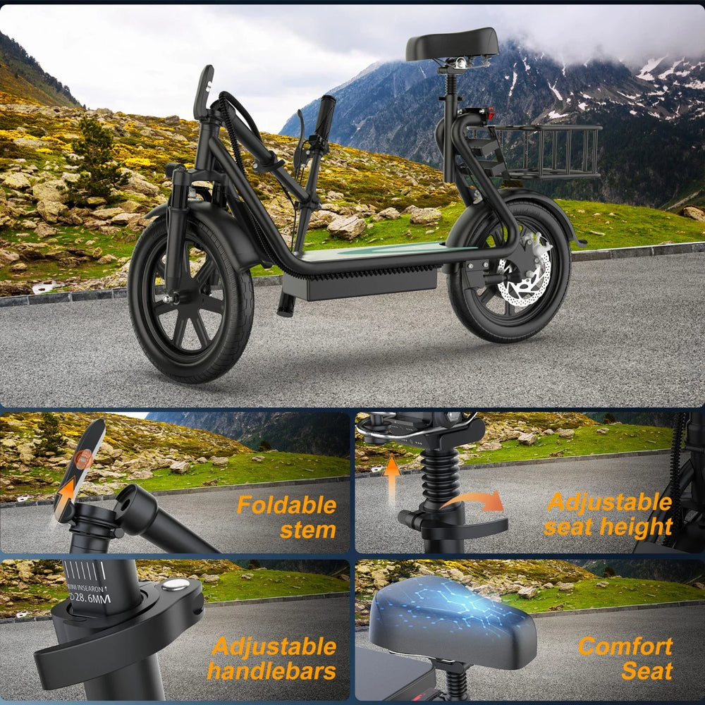 14‘’ Electric Scooter with Seat for Adult, 20MPH Speed Power by 500W Motor, 48V/10.4Ah Battery,28Miles Max Range Wider Deck & Height Carry Basket