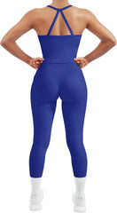 Women 2 Piece Workout Sets Compression Tummy Control Leggings with Pockets Halter Built in Bra Tank Tops