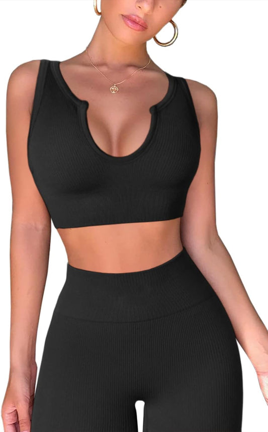 Workout Outfits for Women 2 Piece Ribbed Seamless Crop Tank High Waist Yoga Leggings Sets