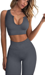 Workout Outfits for Women 2 Piece Ribbed Seamless Crop Tank High Waist Yoga Leggings Sets