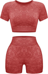 Womens Workout Sets 2 Piece - Seamless Acid Wash Yoga Outfits Shorts and Crop Top Matching Gym Athletic Clothing Set