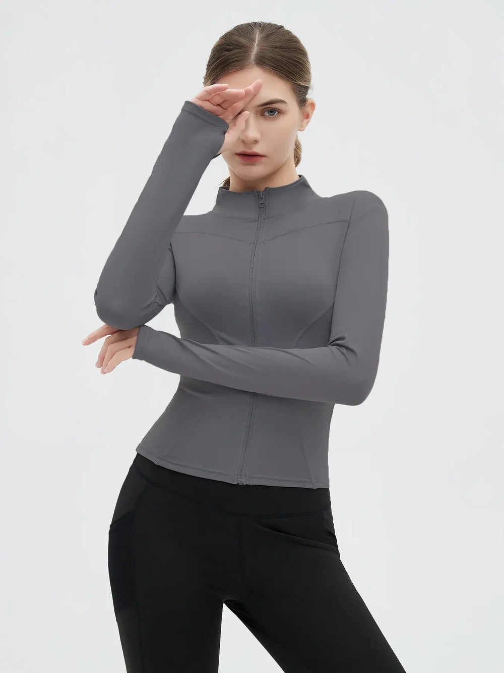Women'S Thumb Holes Zip up Sports Jacket, Sporty Plain Long Sleeve Tops, Women'S Sportswear for Tennis Pickleball Indoor Outdoor Wear, Sports Outerwear, Zip Front Jacket