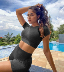 Womens Workout Sets 2 Piece - Seamless Acid Wash Yoga Outfits Shorts and Crop Top Matching Gym Athletic Clothing Set