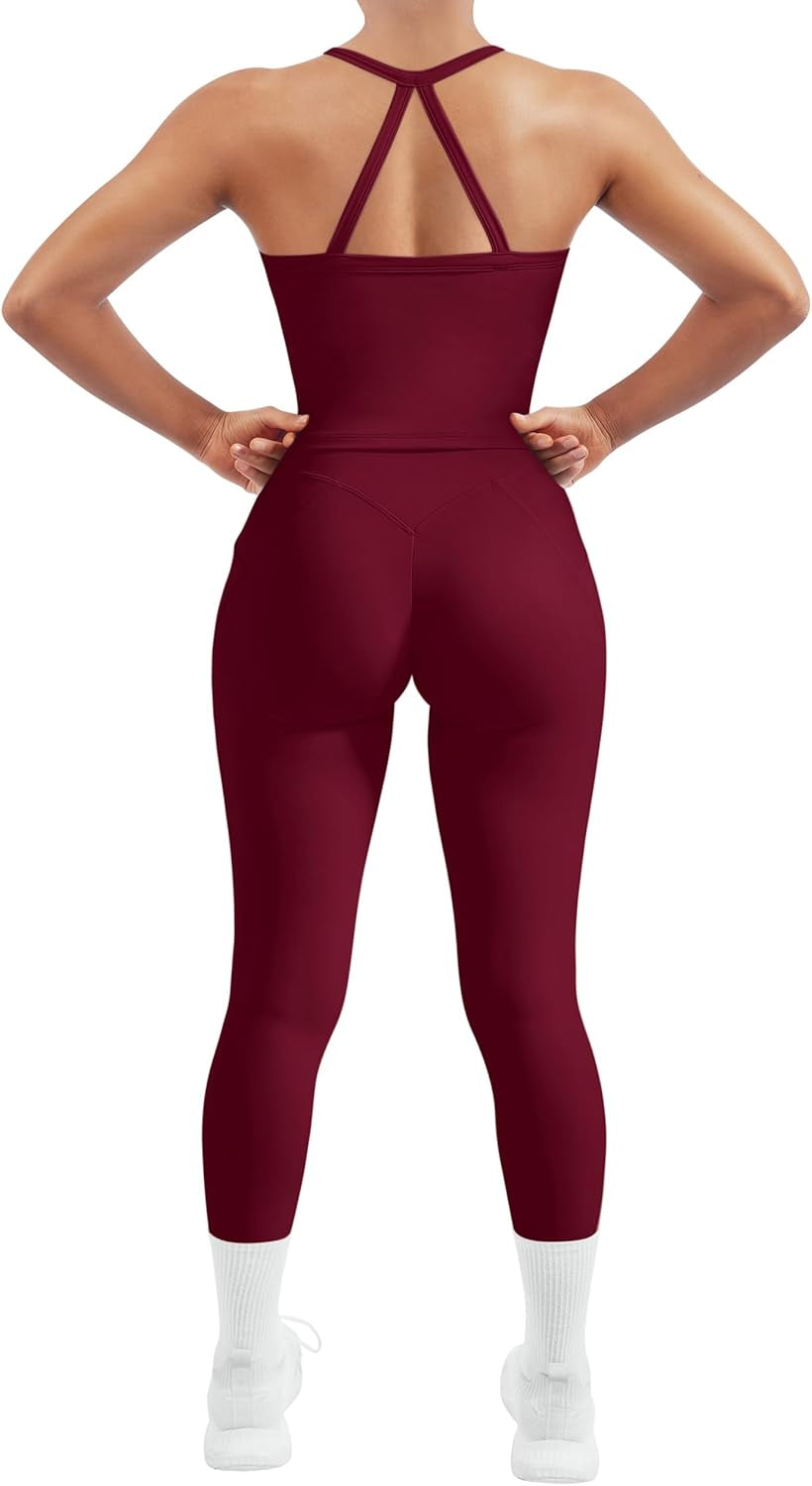 Women 2 Piece Workout Sets Compression Tummy Control Leggings with Pockets Halter Built in Bra Tank Tops