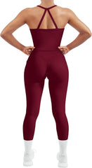 Women 2 Piece Workout Sets Compression Tummy Control Leggings with Pockets Halter Built in Bra Tank Tops