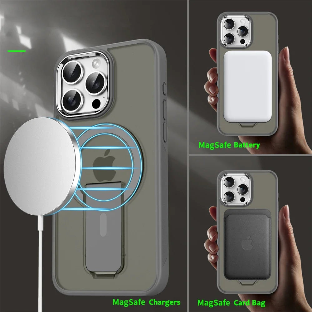 Luxury Matte Translucent MagSafe plus Folding Stand Phone Case for Iphone 16 15 17 Pro Max