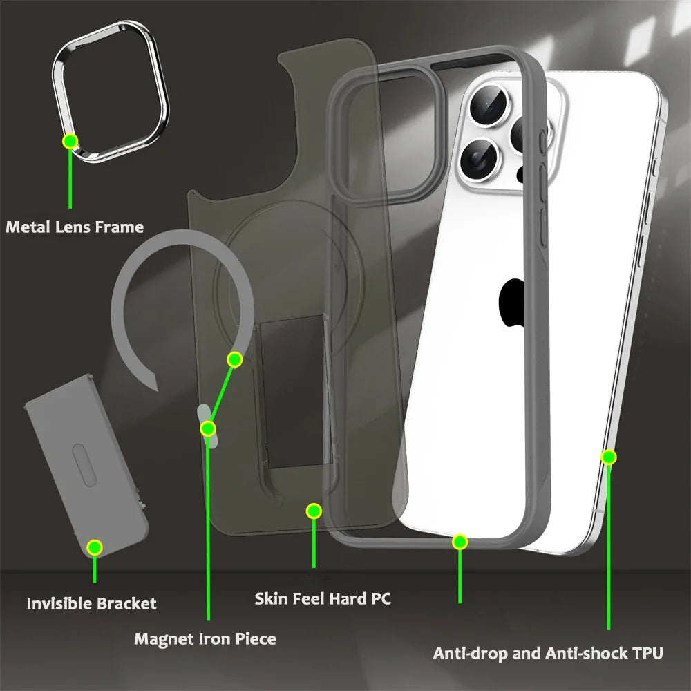 Luxury Matte Translucent MagSafe plus Folding Stand Phone Case for Iphone 16 15 17 Pro Max