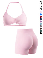 2-Piece Seamless Sports Bra Set with Pads, High-Waisted Peach Butt Running Yoga Shorts, Sleeveless Sporty Suit for Women, Activewear Workout Set, Seamless Gym Outfits, Fitness Yoga Set, Exercise Clothing Set