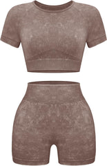 Womens Workout Sets 2 Piece - Seamless Acid Wash Yoga Outfits Shorts and Crop Top Matching Gym Athletic Clothing Set