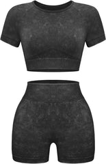 Womens Workout Sets 2 Piece - Seamless Acid Wash Yoga Outfits Shorts and Crop Top Matching Gym Athletic Clothing Set