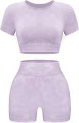 Womens Workout Sets 2 Piece - Seamless Acid Wash Yoga Outfits Shorts and Crop Top Matching Gym Athletic Clothing Set