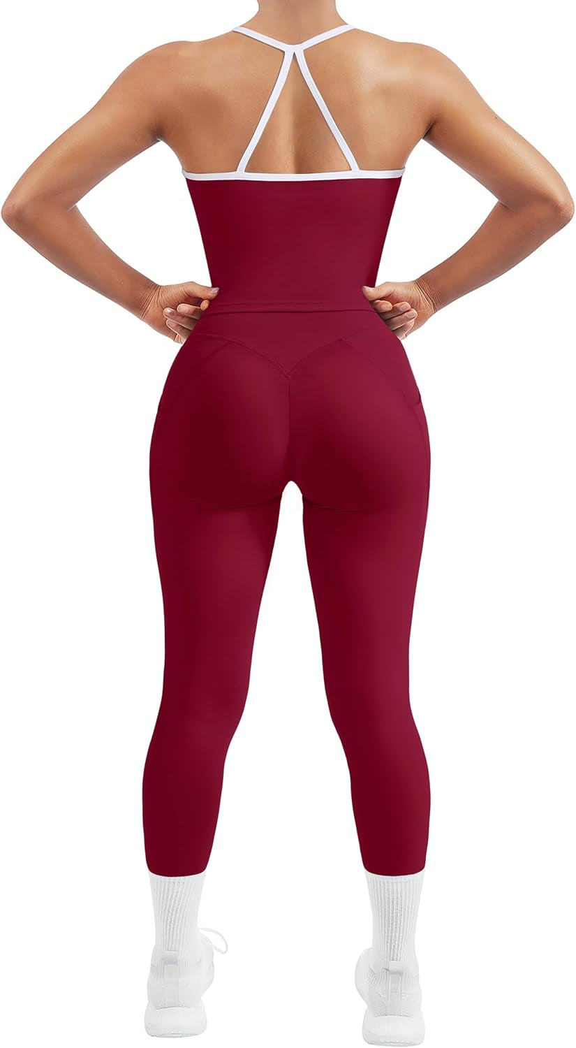 Women 2 Piece Workout Sets Compression Tummy Control Leggings with Pockets Halter Built in Bra Tank Tops
