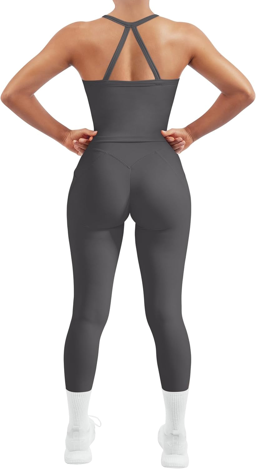 Women 2 Piece Workout Sets Compression Tummy Control Leggings with Pockets Halter Built in Bra Tank Tops