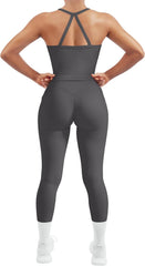 Women 2 Piece Workout Sets Compression Tummy Control Leggings with Pockets Halter Built in Bra Tank Tops