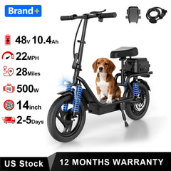 2026 New 500W 14Inch Electric Bicycle with Box 10.4AH Battery 28Miles Max Range 22MPH Max Speed Shock Absorption Foldable Adult Ebike