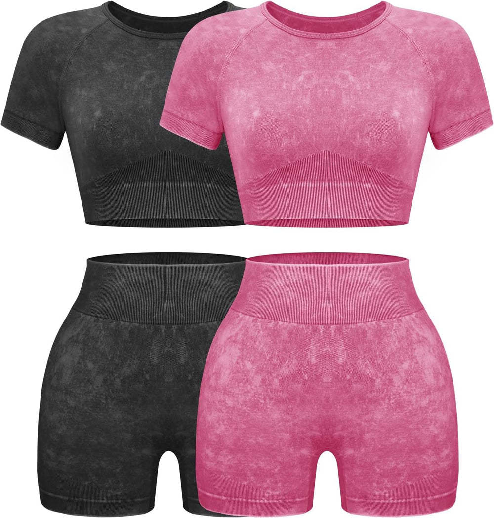 Womens Workout Sets 2 Piece - Seamless Acid Wash Yoga Outfits Shorts and Crop Top Matching Gym Athletic Clothing Set