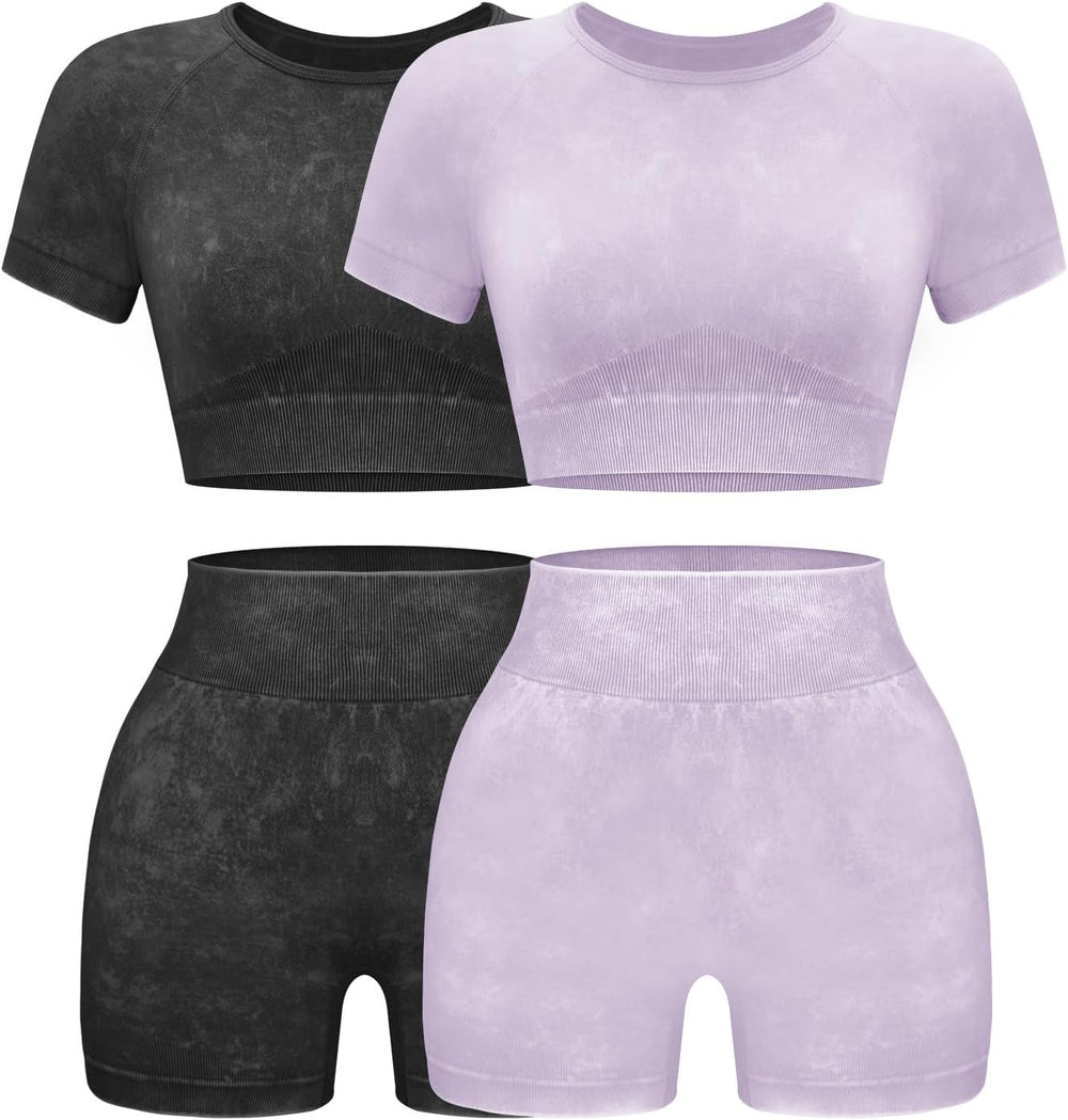 Womens Workout Sets 2 Piece - Seamless Acid Wash Yoga Outfits Shorts and Crop Top Matching Gym Athletic Clothing Set