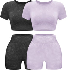 Womens Workout Sets 2 Piece - Seamless Acid Wash Yoga Outfits Shorts and Crop Top Matching Gym Athletic Clothing Set