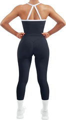 Women 2 Piece Workout Sets Compression Tummy Control Leggings with Pockets Halter Built in Bra Tank Tops