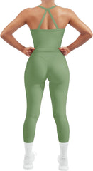 Women 2 Piece Workout Sets Compression Tummy Control Leggings with Pockets Halter Built in Bra Tank Tops