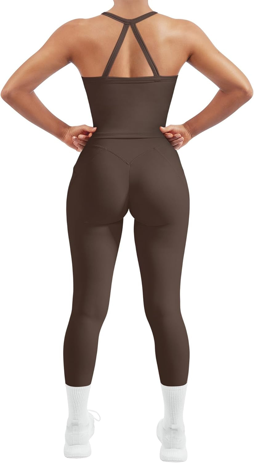 Women 2 Piece Workout Sets Compression Tummy Control Leggings with Pockets Halter Built in Bra Tank Tops