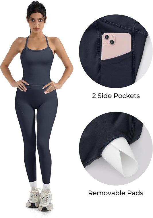 Women 2 Piece Workout Sets Compression Tummy Control Leggings with Pockets Halter Built in Bra Tank Tops