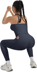 Women 2 Piece Workout Sets Compression Tummy Control Leggings with Pockets Halter Built in Bra Tank Tops