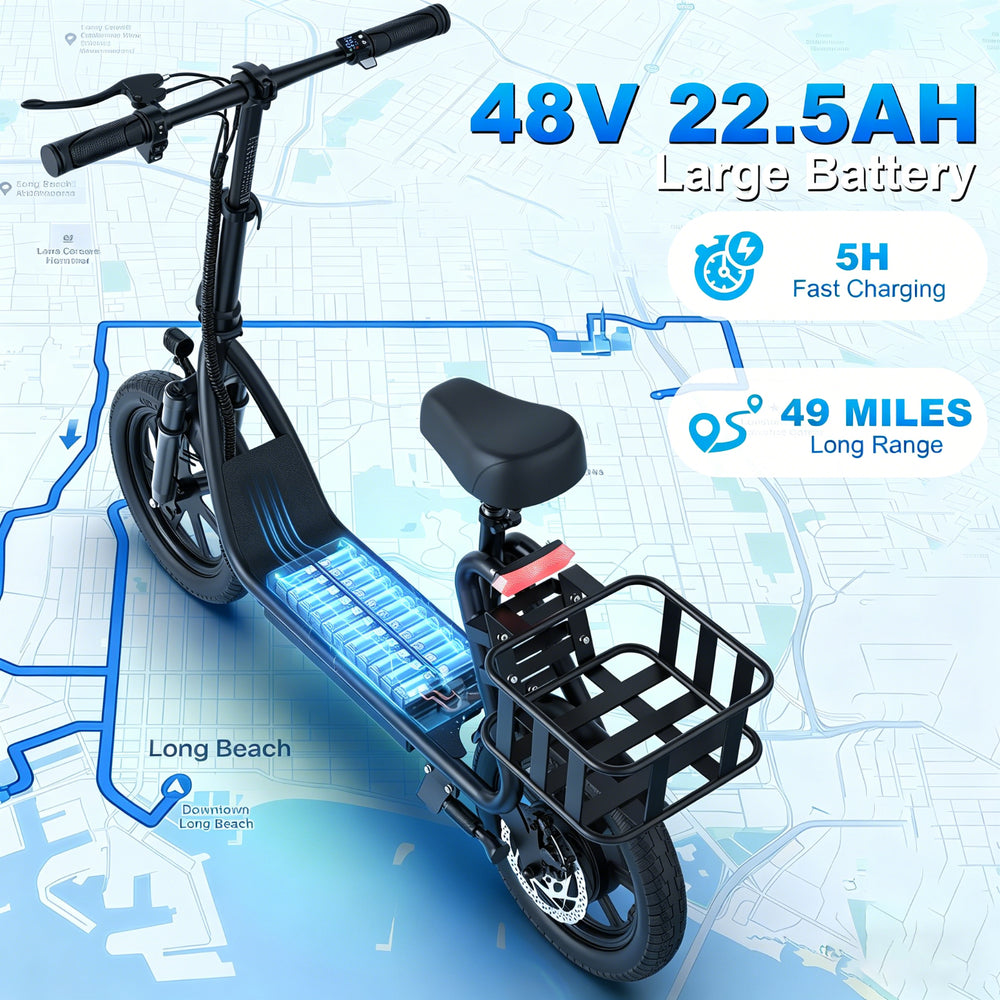 48V 10.4AH/22.5AH Electric Scooter Adults Foldable Escooter Seat & Carry Basket