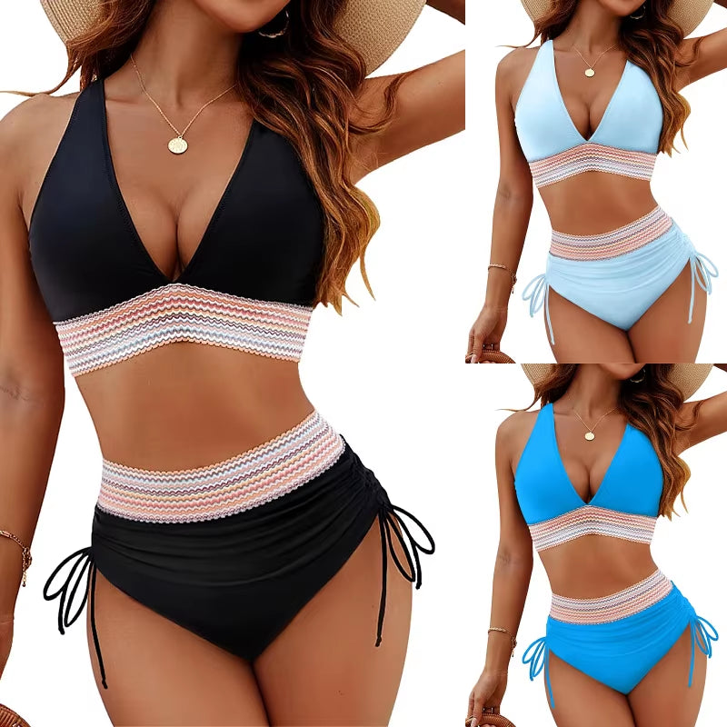 2026 Women'S Shoulder High Waist Split Bikini Swimwear Swimsuit Set with Chest Cushion and Adjustable Shoulder Straps