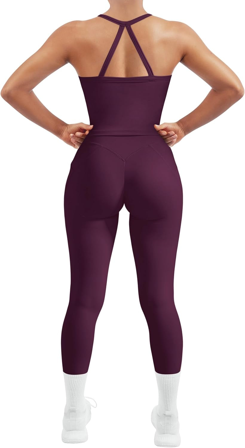 Women 2 Piece Workout Sets Compression Tummy Control Leggings with Pockets Halter Built in Bra Tank Tops