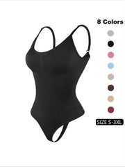 Women'S Solid Spaghetti Strap Adjustable Strap Backless Shapewear Bodysuit, Casual Comfy Seamless Tummy Control Butt Lifting Bodysuit for Daily Wear, Ladies Shapewear for All Seasons