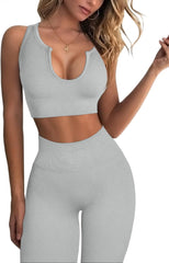 Workout Outfits for Women 2 Piece Ribbed Seamless Crop Tank High Waist Yoga Leggings Sets