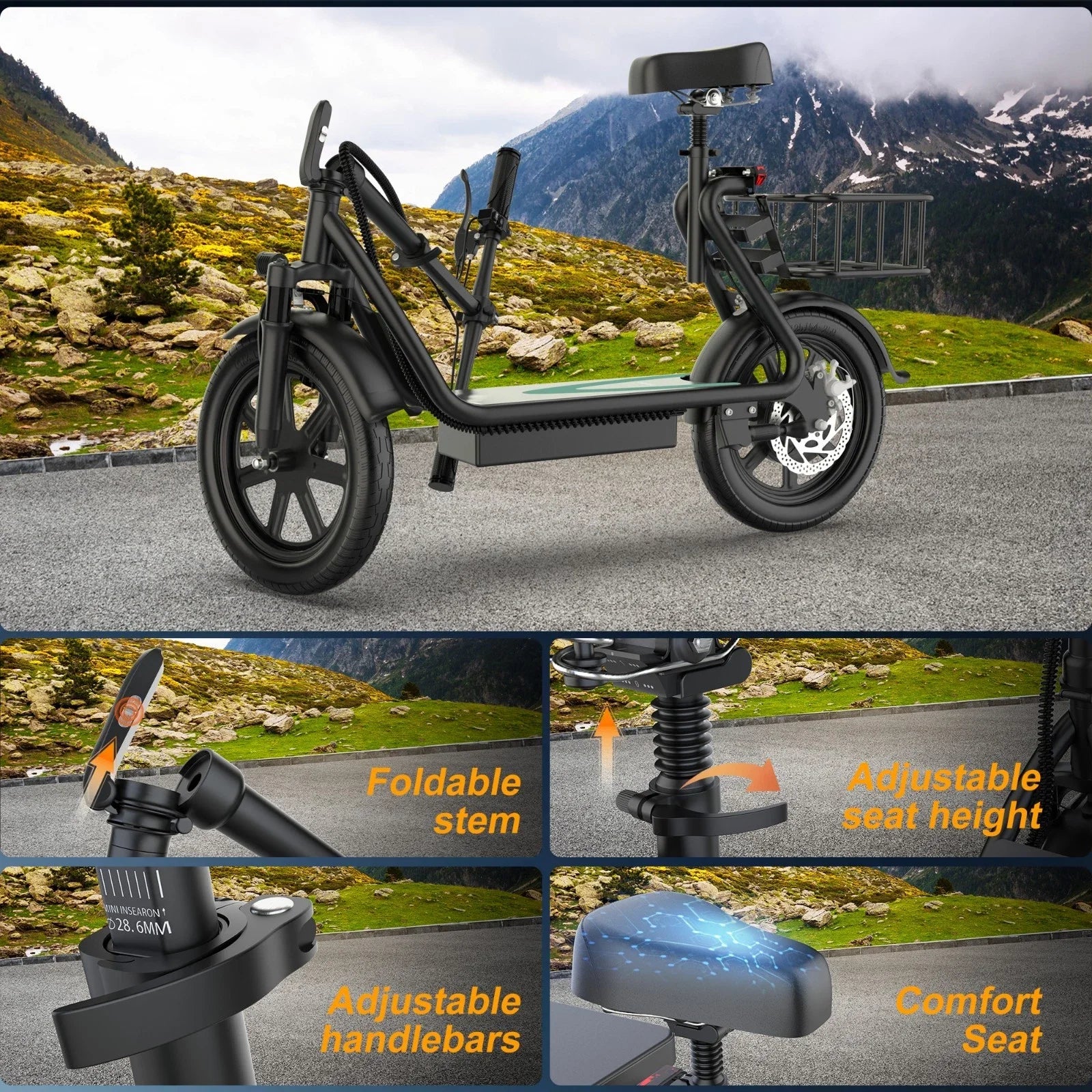 14‘’ Electric Scooter with Seat for Adult, 20MPH Speed Power by 500W Motor, 48V/10.4Ah Battery,28Miles Max Range Wider Deck & Height Carry Basket