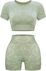 Womens Workout Sets 2 Piece - Seamless Acid Wash Yoga Outfits Shorts and Crop Top Matching Gym Athletic Clothing Set