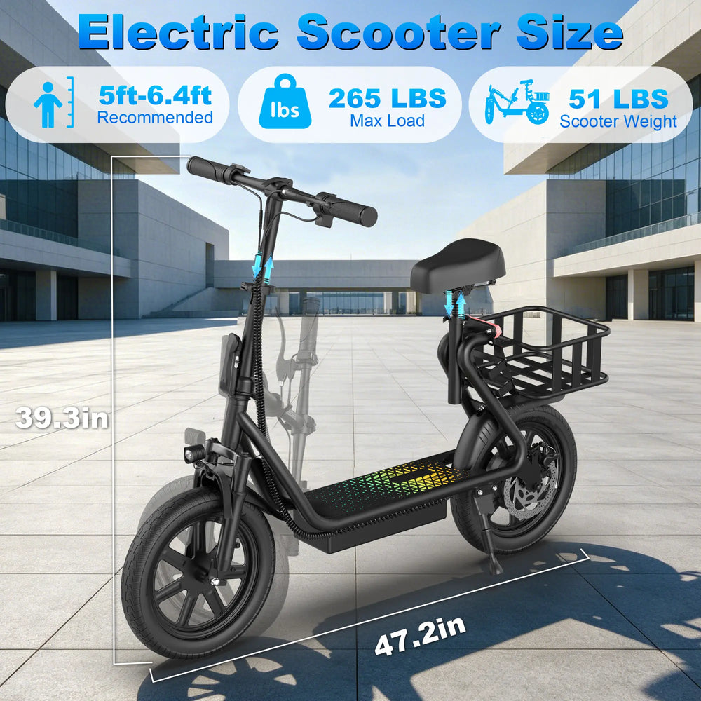 Adult 500W Electric Scooter with Seat - 48V 10.4Ah Battery, 22 Mph Top Speed, 21-27 Mi Range, Pet-Friendly Design, Rear Basket, Portable Folding Scooter for Grocery Shopping