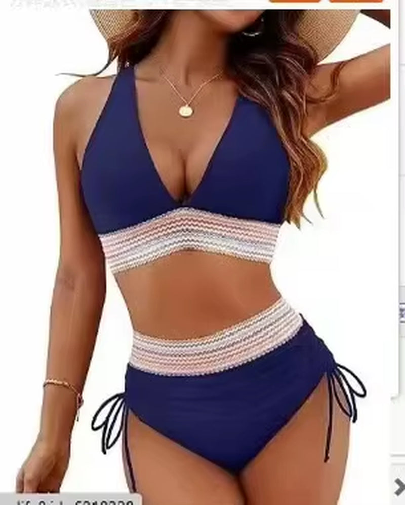 2026 Women'S Shoulder High Waist Split Bikini Swimwear Swimsuit Set with Chest Cushion and Adjustable Shoulder Straps
