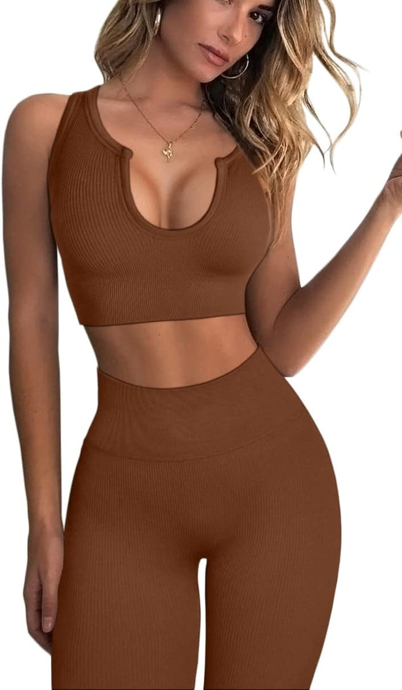 Workout Outfits for Women 2 Piece Ribbed Seamless Crop Tank High Waist Yoga Leggings Sets