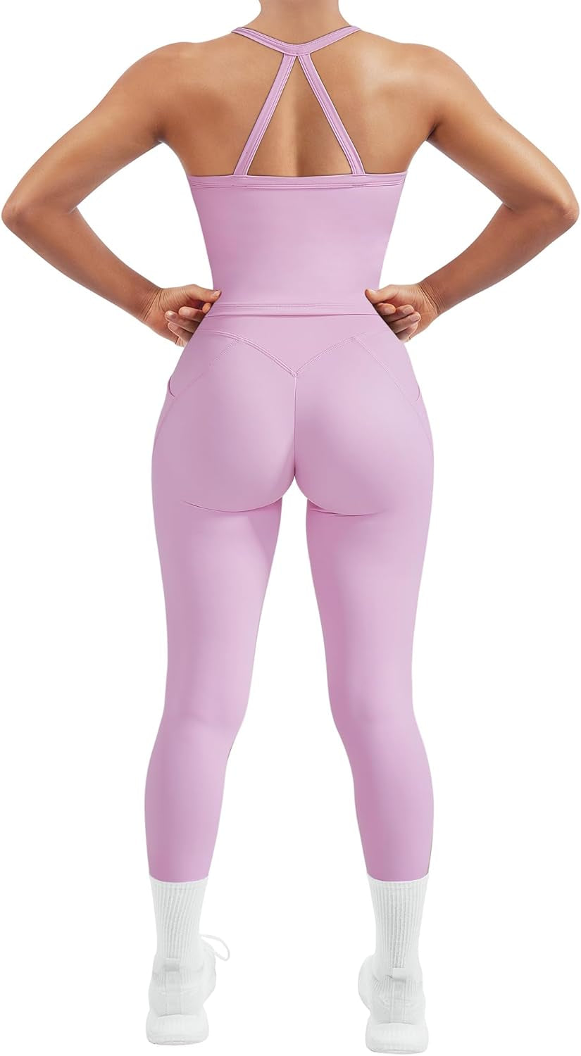 Women 2 Piece Workout Sets Compression Tummy Control Leggings with Pockets Halter Built in Bra Tank Tops
