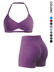 2-Piece Seamless Sports Bra Set with Pads, High-Waisted Peach Butt Running Yoga Shorts, Sleeveless Sporty Suit for Women, Activewear Workout Set, Seamless Gym Outfits, Fitness Yoga Set, Exercise Clothing Set
