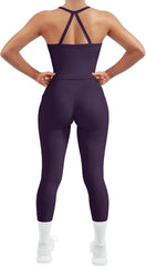 Women 2 Piece Workout Sets Compression Tummy Control Leggings with Pockets Halter Built in Bra Tank Tops