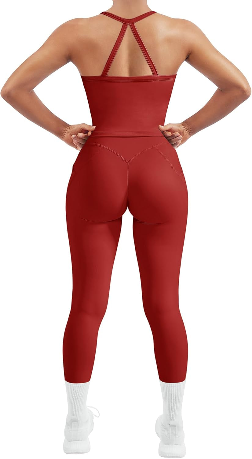Women 2 Piece Workout Sets Compression Tummy Control Leggings with Pockets Halter Built in Bra Tank Tops