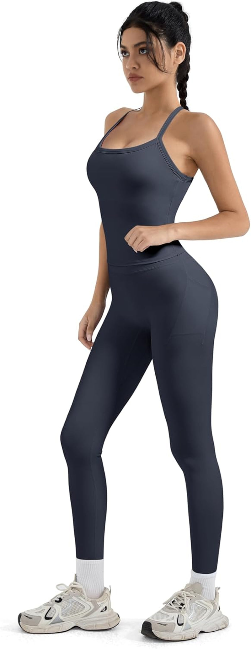 Women 2 Piece Workout Sets Compression Tummy Control Leggings with Pockets Halter Built in Bra Tank Tops