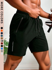 Men'S New Trendy Letter Print Zipper Pocket Drawstring Waist Track Shorts, Quick Drying Drawstring Sports Shorts for Summer Gym Workout Running, Comfort Shorts for Men, Activewear, Athletic Shorts, Regular Fit Shorts, Sports Yoga Shorts