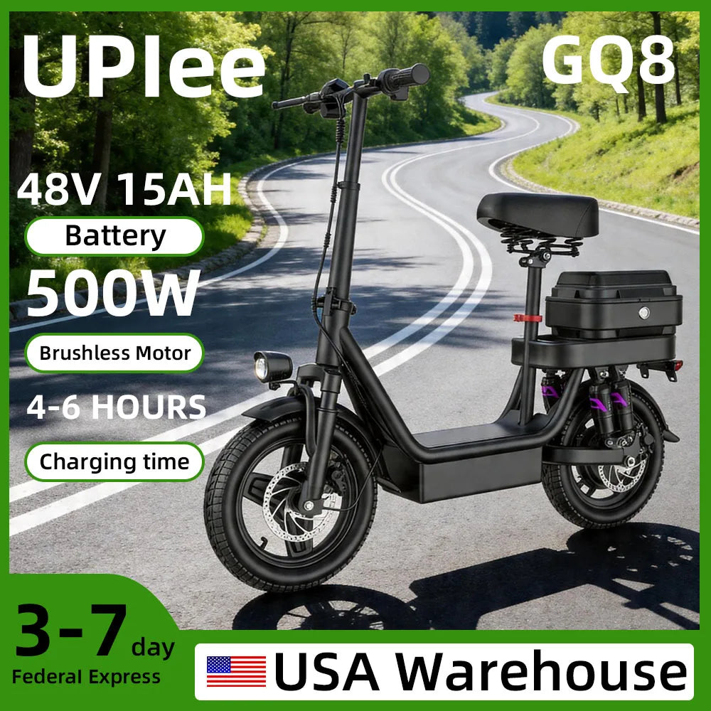 GQ8 Adult Electric Bike 500W Peak Motor 48V 15AH Electric Scooter 14 Inch Fat Tire Full Shock Foldable with Trunk E Bike