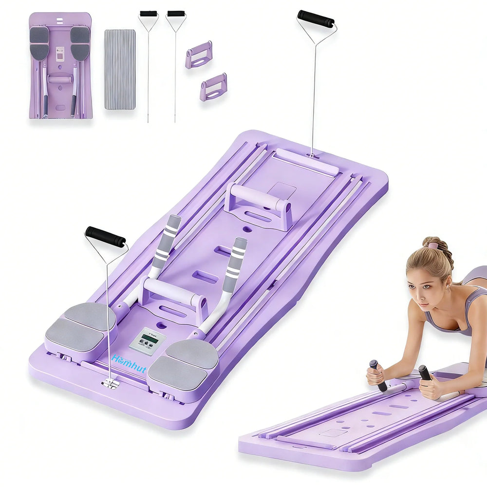 Pilates Sliding Board Foldable Fitness Reformer Platform Home Workout Equipment with Resistance Bands Abdominal Leg Training Machine Multifunctional Yoga Exercise Board Portable Full Body Workout Pilates Board