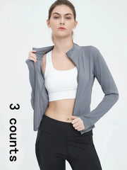 Women'S Thumb Holes Zip up Sports Jacket, Sporty Plain Long Sleeve Tops, Women'S Sportswear for Tennis Pickleball Indoor Outdoor Wear, Sports Outerwear, Zip Front Jacket
