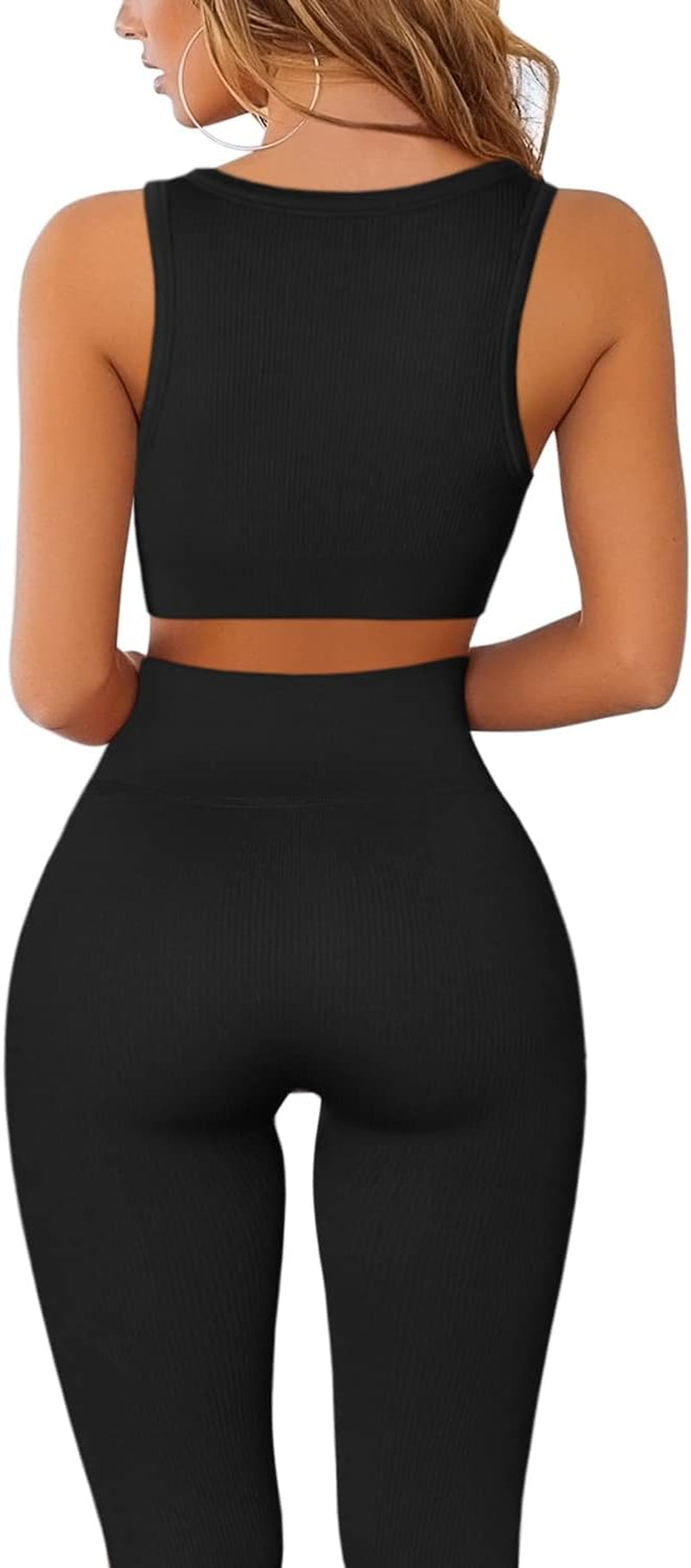 Workout Outfits for Women 2 Piece Ribbed Seamless Crop Tank High Waist Yoga Leggings Sets