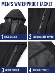 Men'S Windproof Waterproof Jacket, Fall Winter Hooded Pullover Coat, Casual Sports Comfortable Top, Outdoor Hiking Party Travel Cycling, Windproof Outerwear